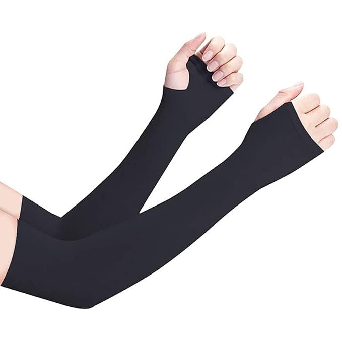 Black Uv Sunblock Protection with Thumb Hole Arm sleeves for Male & Female | Arm Sleeves For Driving | Cycling | Cricket | Football | Gym | Riding | Sun Protection Cooling Arm Sleeves (Pair of 2)