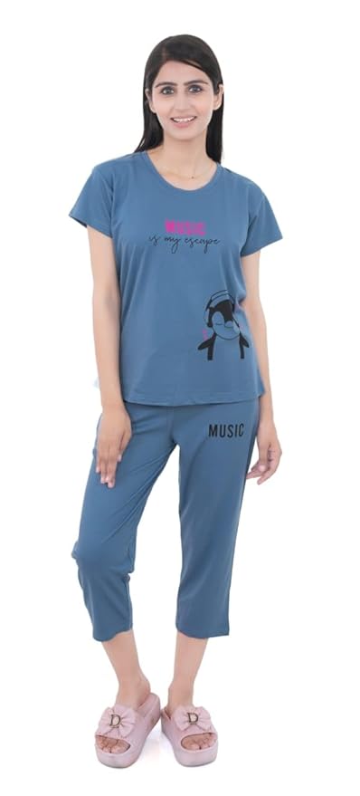 Cotton Night Suits for Women | Night Dresses for Women | Relaxed Capri Night Suit for Women's | Night Wear for Woman | Top & Capri Set (Blue)