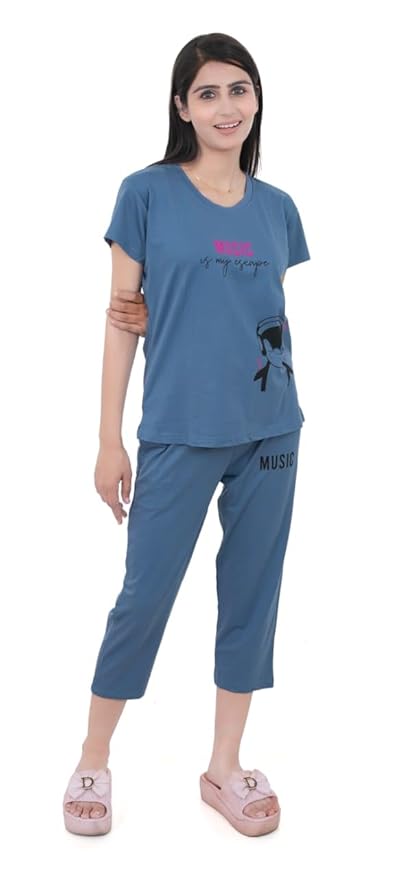 Cotton Night Suits for Women | Night Dresses for Women | Relaxed Capri Night Suit for Women's | Night Wear for Woman | Top & Capri Set (Blue)