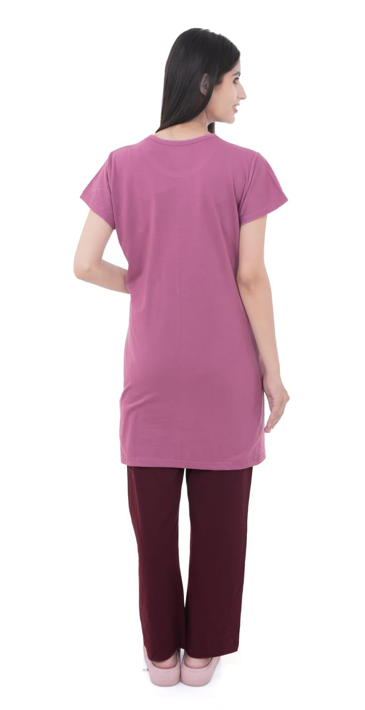 Women's 100% Hosiery Cotton Stuff Printed Long Top with Solid Lower | Night Suit T-Shirt & Pajama Set for Women | Sleeping Tees & Bottom for Women (Purple)