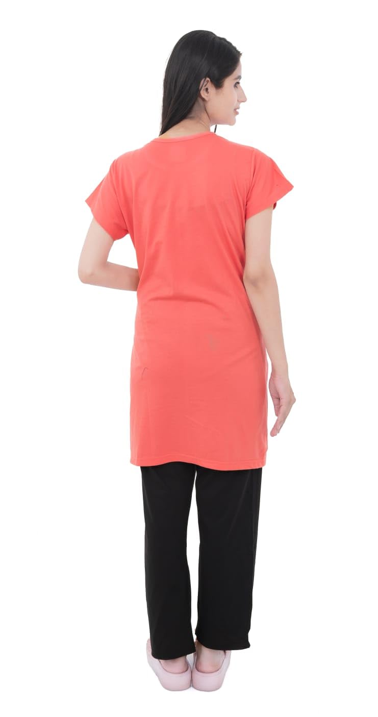 Women's 100% Hosiery Cotton Stuff Printed Long Top with Solid Lower | Night Suit T-Shirt & Pajama Set for Women | Sleeping Tees & Bottom for Women (Pink)