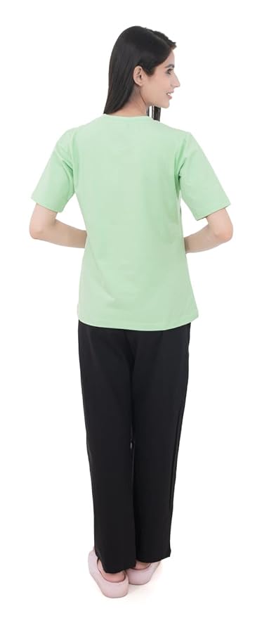 Women's 100% Lycra Hosiery Cartoon Printed Crop Top with Solid Lower | T-Shirt & Pajama Set for Women | Sleeping Tees & Bottom for Women (Green)