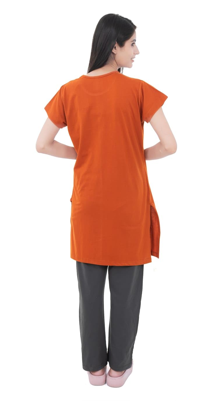 Women's 100% Hosiery Cotton Stuff Printed Long Top with Solid Lower | Night Suit T-Shirt & Pajama Set for Women | Sleeping Tees & Bottom for Women (Orange)