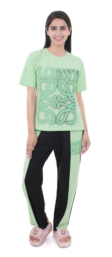 Women's 100% Lycra Hosiery Cartoon Printed Crop Top with Solid Lower | T-Shirt & Pajama Set for Women | Sleeping Tees & Bottom for Women (Green)