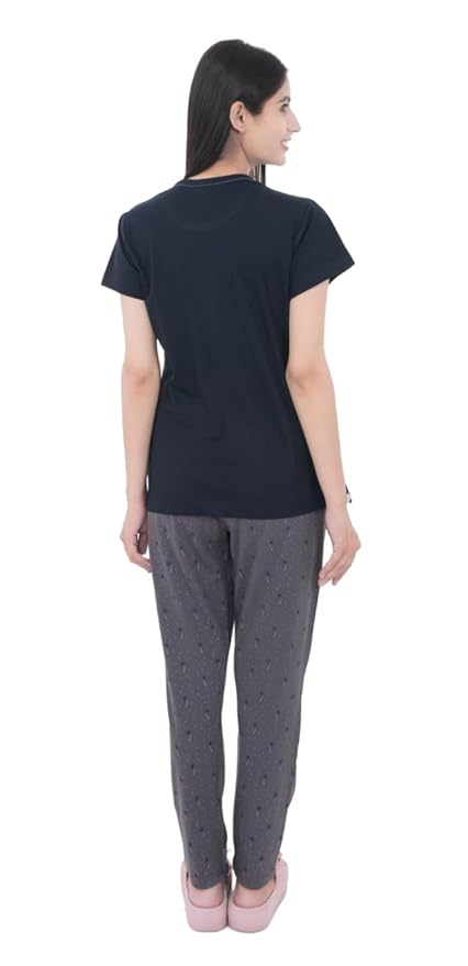 Women's 100% Hosiery Cotton Printed Top with Printed Lower | Night Suit T-Shirt & Pajama Set for Women | Sleeping Tees & Bottom for Women (Navy Blue & Grey)