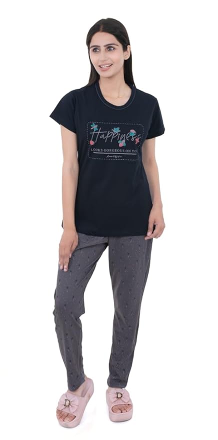 Women's 100% Hosiery Cotton Printed Top with Printed Lower | Night Suit T-Shirt & Pajama Set for Women | Sleeping Tees & Bottom for Women (Navy Blue & Grey)
