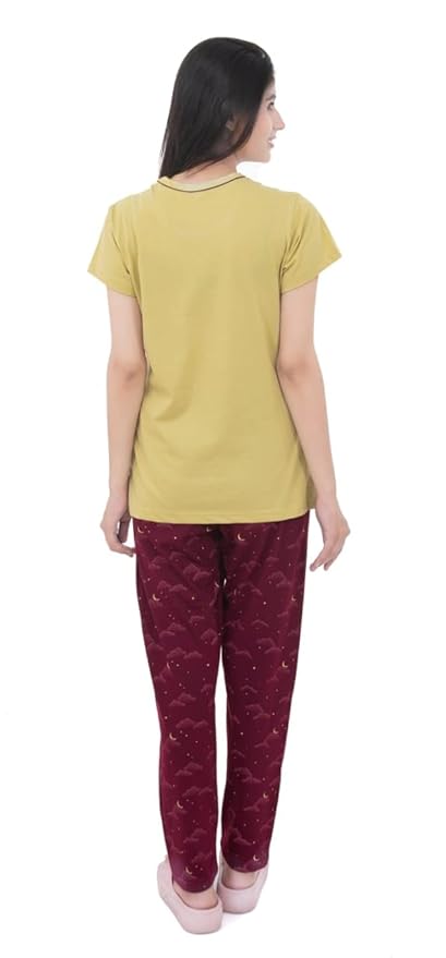 Women's 100% Hosiery Cotton Printed Top with Printed Lower | Night Suit T-Shirt & Pajama Set for Women | Sleeping Tees & Bottom for Women (Rust & Maroon)
