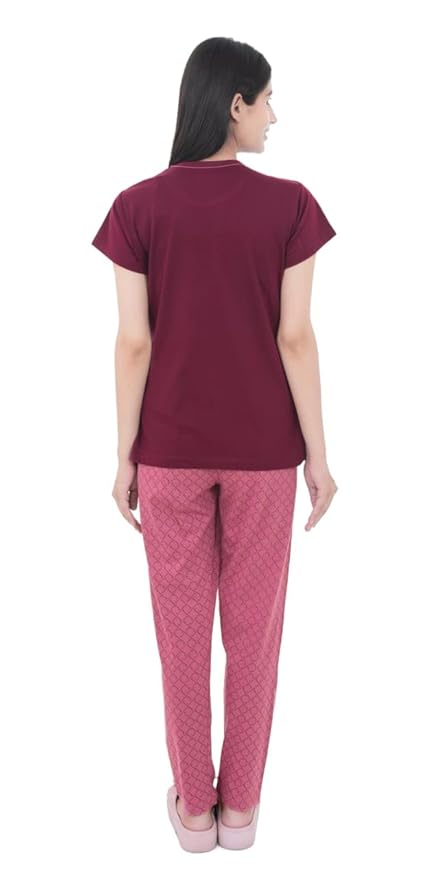 Women's 100% Hosiery Cotton Printed Top with Printed Lower | Night Suit T-Shirt & Pajama Set for Women | Sleeping Tees & Bottom for Women (Maroon & Pink)
