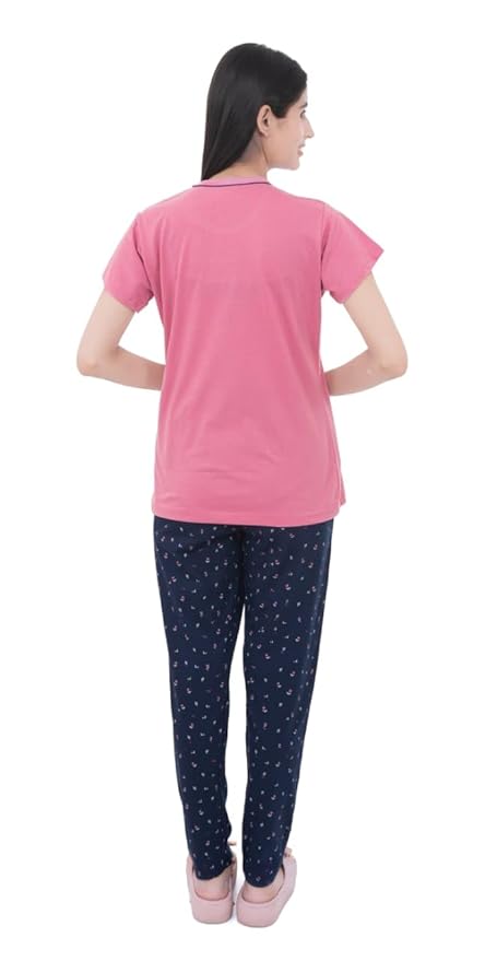 Women's 100% Hosiery Cotton Printed Top with Printed Lower | Night Suit T-Shirt & Pajama Set for Women | Sleeping Tees & Bottom for Women (Pink & Navy Blue)