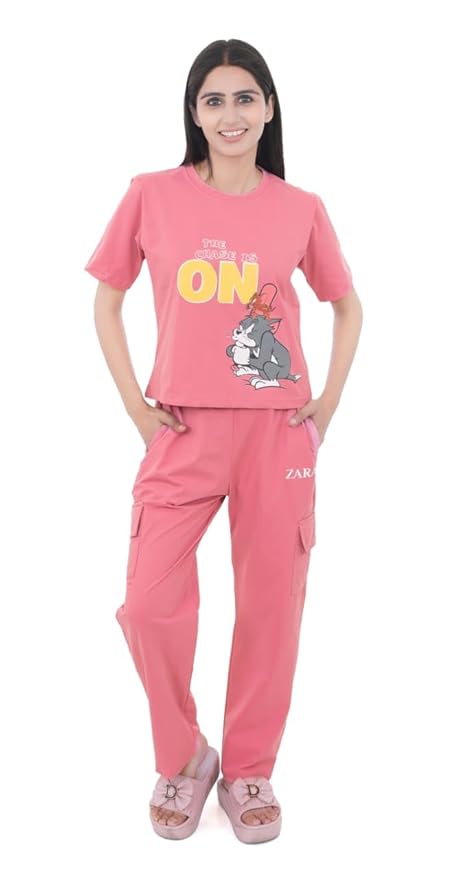 Women's 100% Lycra Hosiery Cartoon Printed Crop Top with Solid Lower | T-Shirt & Pajama Set for Women | Sleeping Tees & Bottom for Women (Peach)
