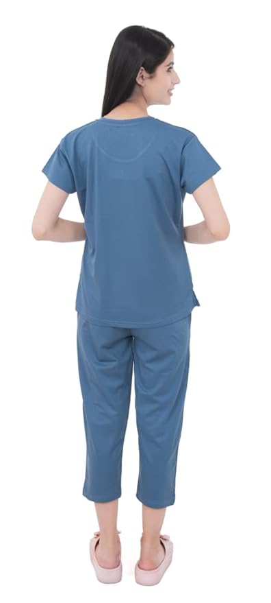 Cotton Night Suits for Women | Night Dresses for Women | Relaxed Capri Night Suit for Women's | Night Wear for Woman | Top & Capri Set (Blue)