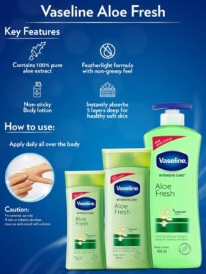 Vase line Aloe Fresh Body Lotion | Long Lasting Hydration & Soft Smooth Skin Care | 24 HR Long Lasting Body Lotion for Deep Moisturization & Skin Nourishment