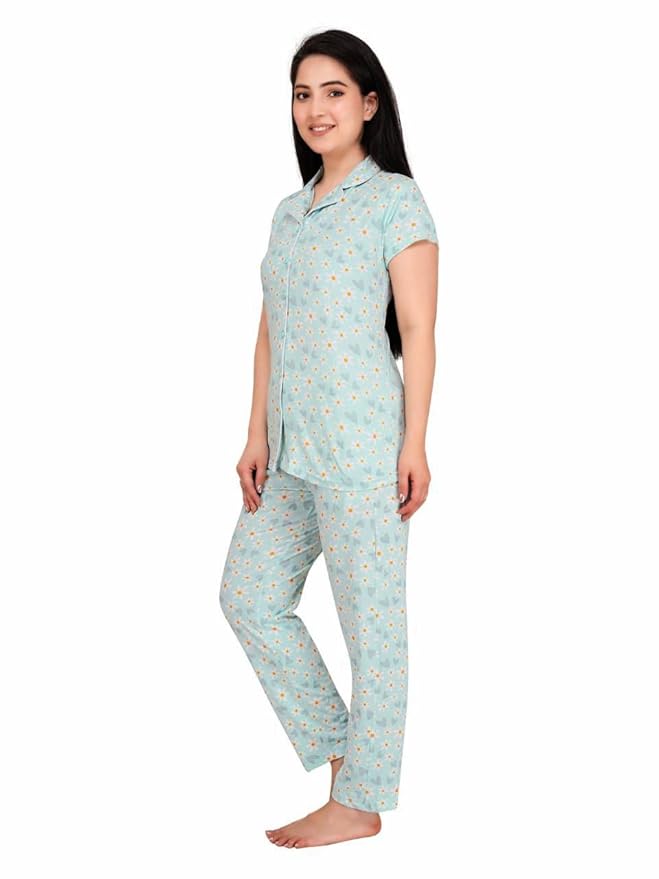 Women's Cotton Printed Night Suit Set of Shirt & Pajama Set | Women Stylish Pyjama Set | Nightwear Pyjama's for women & Girls (Sea Green)