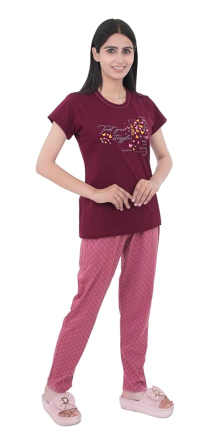 Women's 100% Hosiery Cotton Printed Top with Printed Lower | Night Suit T-Shirt & Pajama Set for Women | Sleeping Tees & Bottom for Women (Maroon & Pink)