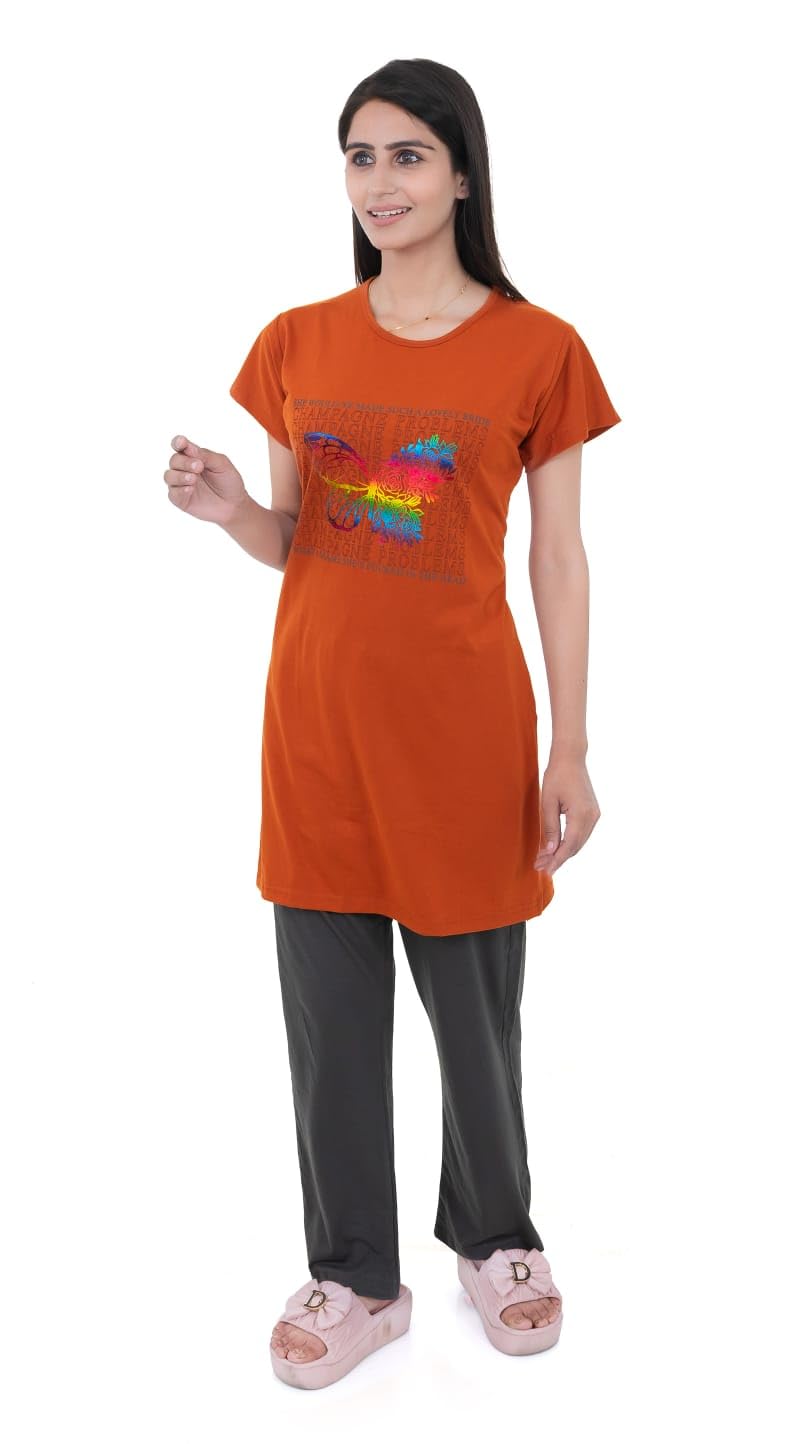 Women's 100% Hosiery Cotton Stuff Printed Long Top with Solid Lower | Night Suit T-Shirt & Pajama Set for Women | Sleeping Tees & Bottom for Women (Orange)