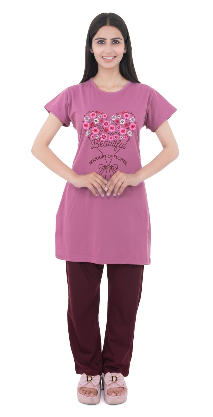 Women's 100% Hosiery Cotton Stuff Printed Long Top with Solid Lower | Night Suit T-Shirt & Pajama Set for Women | Sleeping Tees & Bottom for Women (Purple)