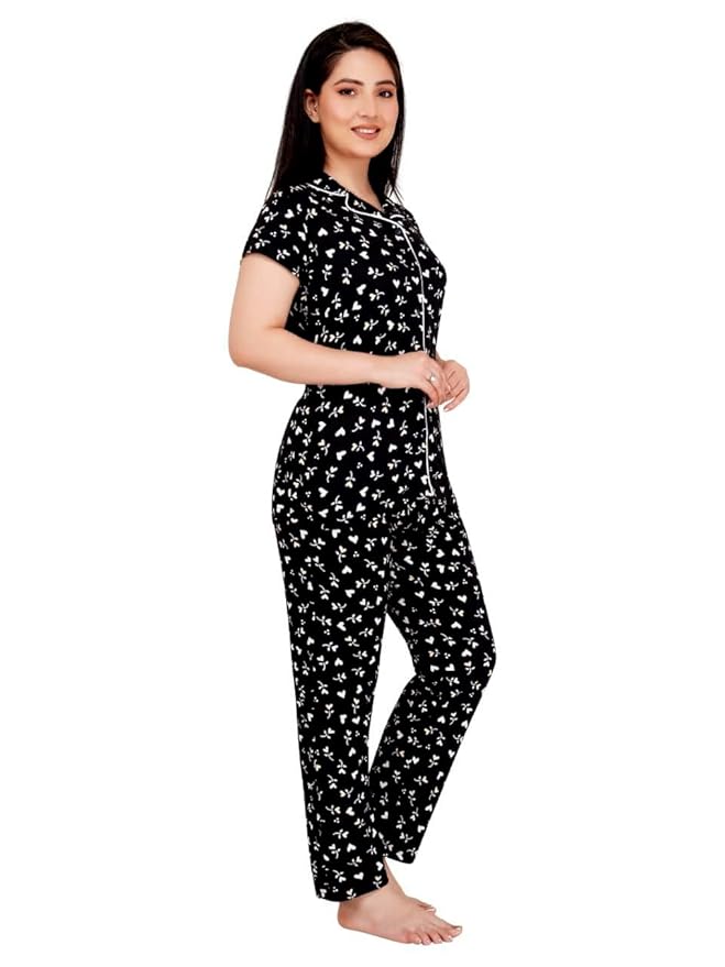 Women's Cotton Printed Night Suit Set of Shirt & Pajama Set | Women Stylish Pyjama Set | Nightwear Pyjama's for women & Girls (Black)