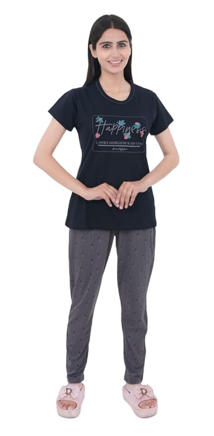 Women's 100% Hosiery Cotton Printed Top with Printed Lower | Night Suit T-Shirt & Pajama Set for Women | Sleeping Tees & Bottom for Women (Navy Blue & Grey)