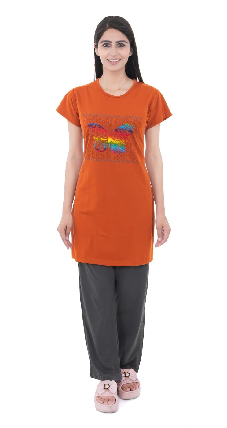 Women's 100% Hosiery Cotton Stuff Printed Long Top with Solid Lower | Night Suit T-Shirt & Pajama Set for Women | Sleeping Tees & Bottom for Women (Orange)