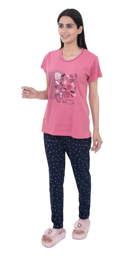 Women's 100% Hosiery Cotton Printed Top with Printed Lower | Night Suit T-Shirt & Pajama Set for Women | Sleeping Tees & Bottom for Women (Pink & Navy Blue)
