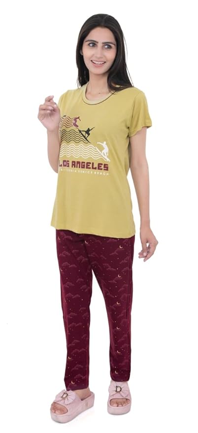 Women's 100% Hosiery Cotton Printed Top with Printed Lower | Night Suit T-Shirt & Pajama Set for Women | Sleeping Tees & Bottom for Women (Rust & Maroon)