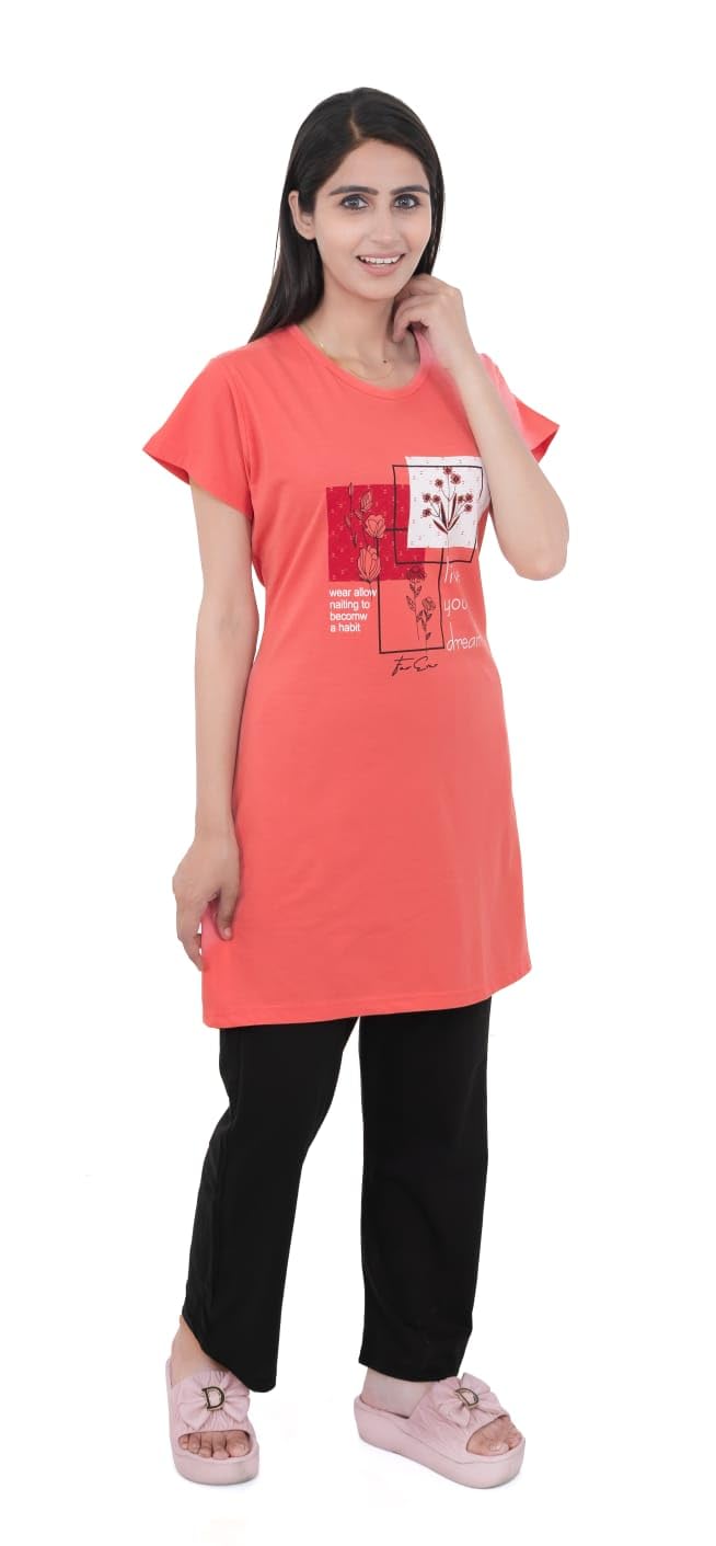 Women's 100% Hosiery Cotton Stuff Printed Long Top with Solid Lower | Night Suit T-Shirt & Pajama Set for Women | Sleeping Tees & Bottom for Women (Pink)