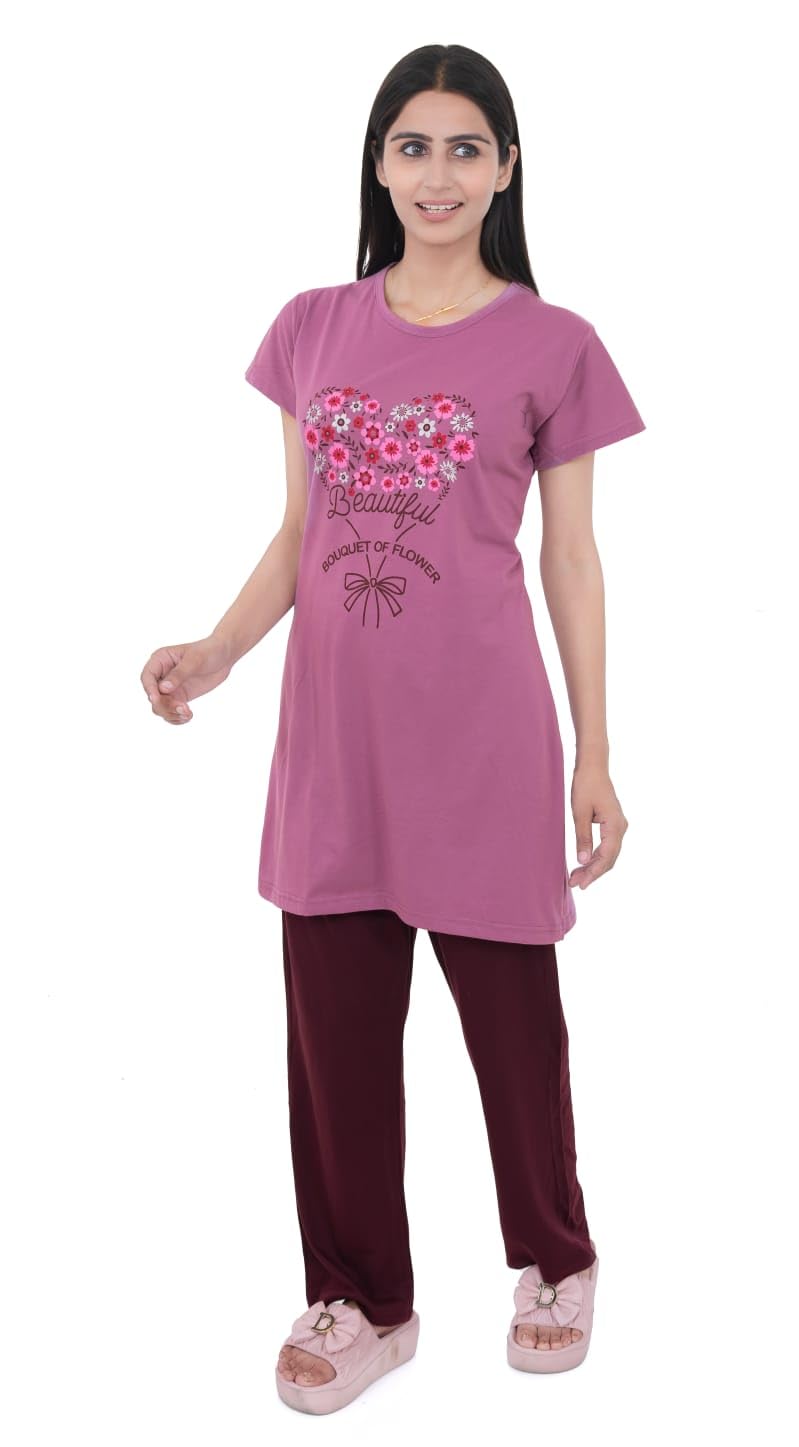 Women's 100% Hosiery Cotton Stuff Printed Long Top with Solid Lower | Night Suit T-Shirt & Pajama Set for Women | Sleeping Tees & Bottom for Women (Purple)