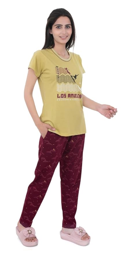 Women's 100% Hosiery Cotton Printed Top with Printed Lower | Night Suit T-Shirt & Pajama Set for Women | Sleeping Tees & Bottom for Women (Rust & Maroon)