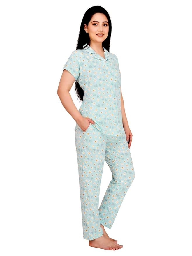 Women's Cotton Printed Night Suit Set of Shirt & Pajama Set | Women Stylish Pyjama Set | Nightwear Pyjama's for women & Girls (Sea Green)