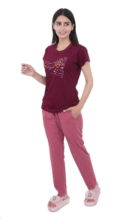 Women's 100% Hosiery Cotton Printed Top with Printed Lower | Night Suit T-Shirt & Pajama Set for Women | Sleeping Tees & Bottom for Women (Maroon & Pink)
