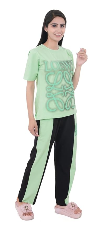 Women's 100% Lycra Hosiery Cartoon Printed Crop Top with Solid Lower | T-Shirt & Pajama Set for Women | Sleeping Tees & Bottom for Women (Green)