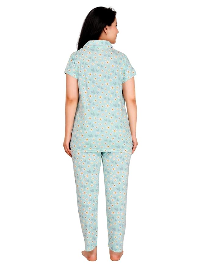 Women's Cotton Printed Night Suit Set of Shirt & Pajama Set | Women Stylish Pyjama Set | Nightwear Pyjama's for women & Girls (Sea Green)
