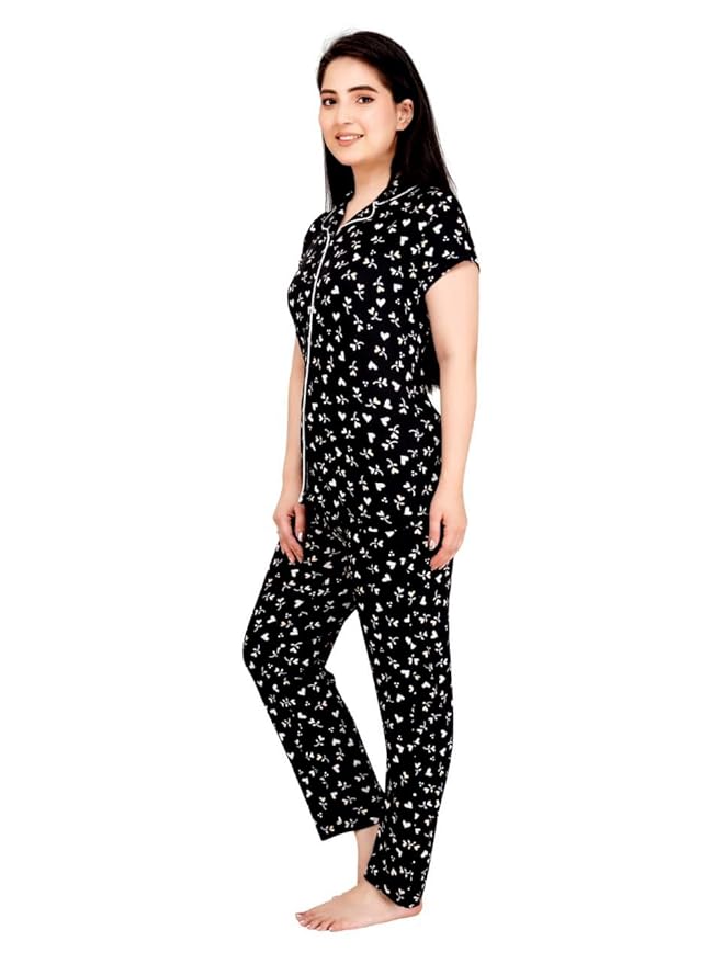 Women's Cotton Printed Night Suit Set of Shirt & Pajama Set | Women Stylish Pyjama Set | Nightwear Pyjama's for women & Girls (Black)