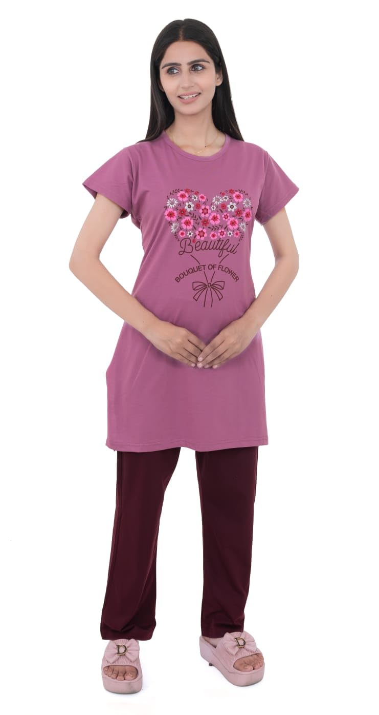 Women's 100% Hosiery Cotton Stuff Printed Long Top with Solid Lower | Night Suit T-Shirt & Pajama Set for Women | Sleeping Tees & Bottom for Women (Purple)