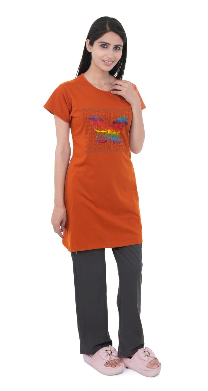 Women's 100% Hosiery Cotton Stuff Printed Long Top with Solid Lower | Night Suit T-Shirt & Pajama Set for Women | Sleeping Tees & Bottom for Women (Orange)