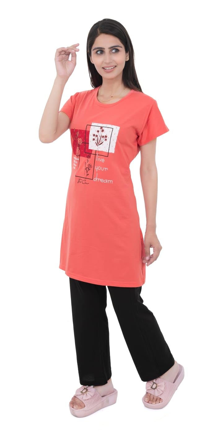 Women's 100% Hosiery Cotton Stuff Printed Long Top with Solid Lower | Night Suit T-Shirt & Pajama Set for Women | Sleeping Tees & Bottom for Women (Pink)
