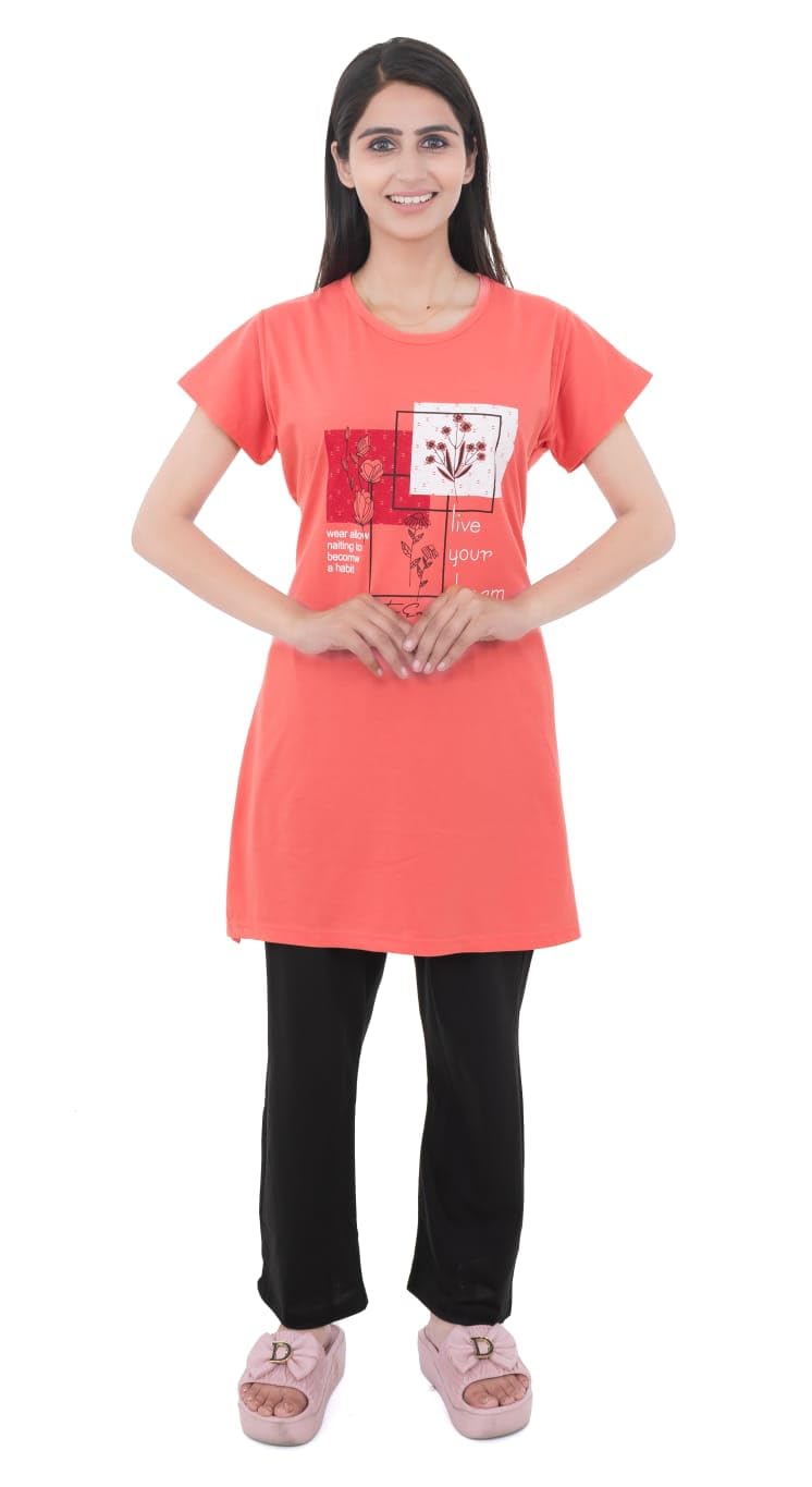 Women's 100% Hosiery Cotton Stuff Printed Long Top with Solid Lower | Night Suit T-Shirt & Pajama Set for Women | Sleeping Tees & Bottom for Women (Pink)