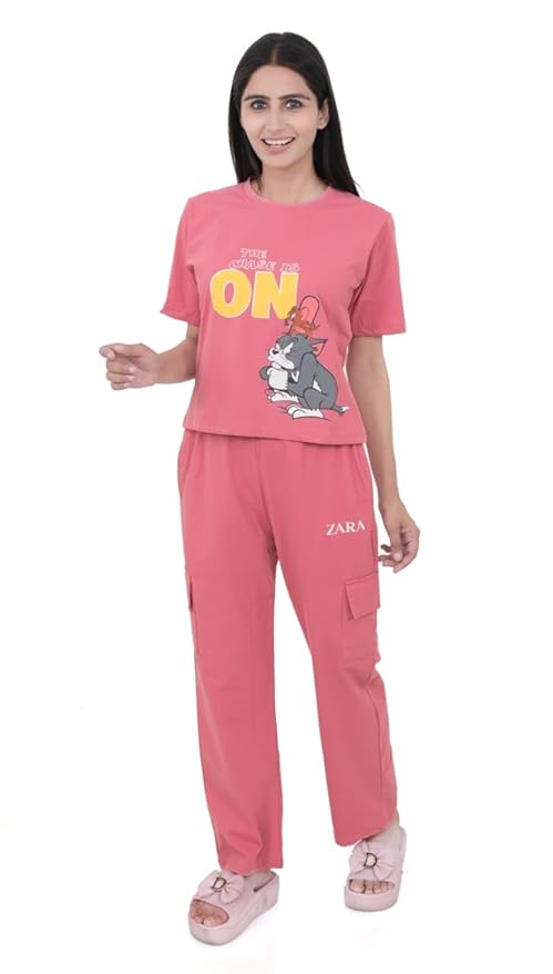 Women's 100% Lycra Hosiery Cartoon Printed Crop Top with Solid Lower | T-Shirt & Pajama Set for Women | Sleeping Tees & Bottom for Women (Peach)