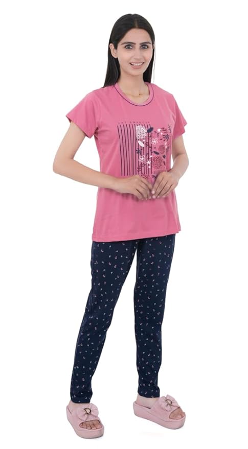 Women's 100% Hosiery Cotton Printed Top with Printed Lower | Night Suit T-Shirt & Pajama Set for Women | Sleeping Tees & Bottom for Women (Pink & Navy Blue)