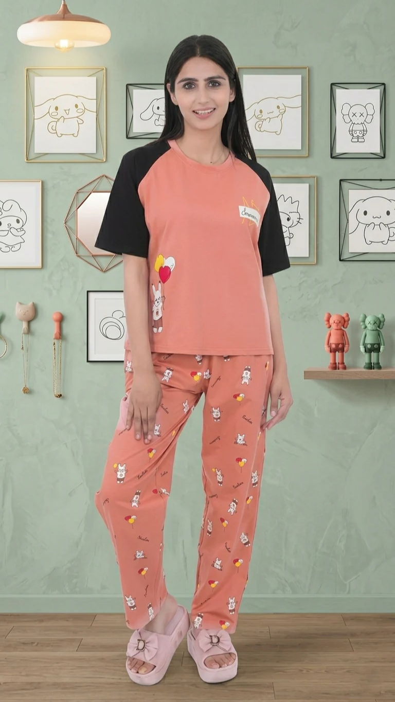 Cotton Textile Cartoon Printed Oversized Top with Printed Lower
