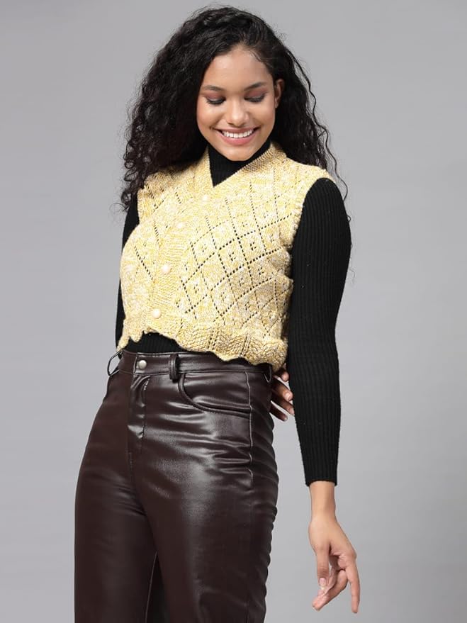 KNIT GEMS Self Design Dual Tone Argyle Sweater for Women