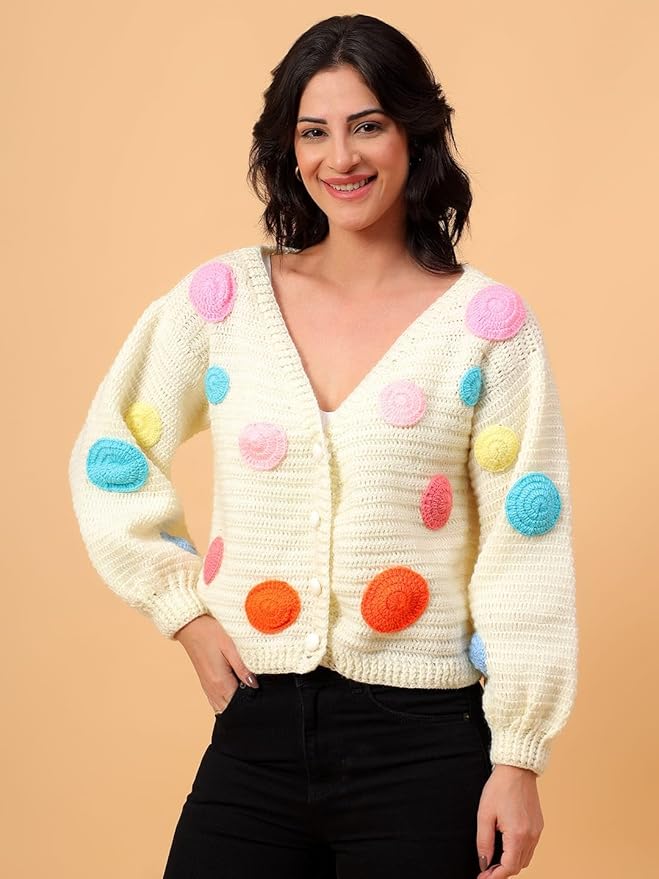 KNIT GEMS Crochet Off White Polka Dot Design Full Sleeves Cardigan