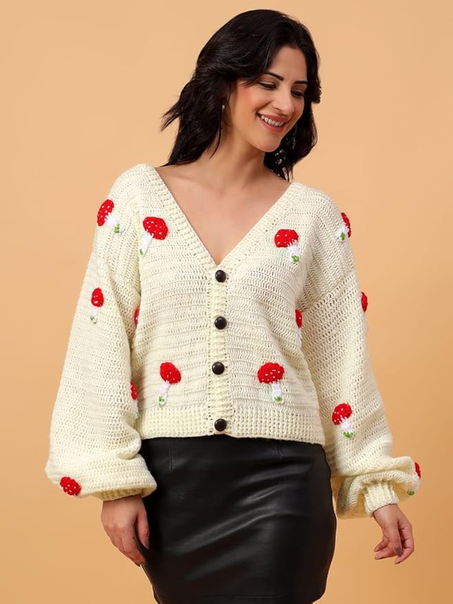 KNIT GEMS Oversized Mushroom Design Cardigan | Woollen Knitted Sweater for Winter