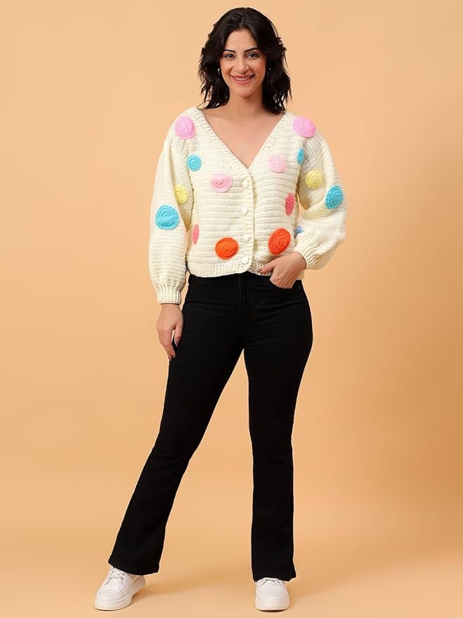 KNIT GEMS Crochet Off White Polka Dot Design Full Sleeves Cardigan