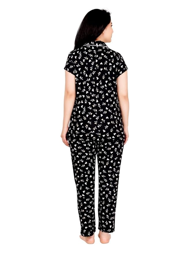 Women's Cotton Printed Night Suit Set of Shirt & Pajama Set | Women Stylish Pyjama Set | Nightwear Pyjama's for women & Girls (Black)