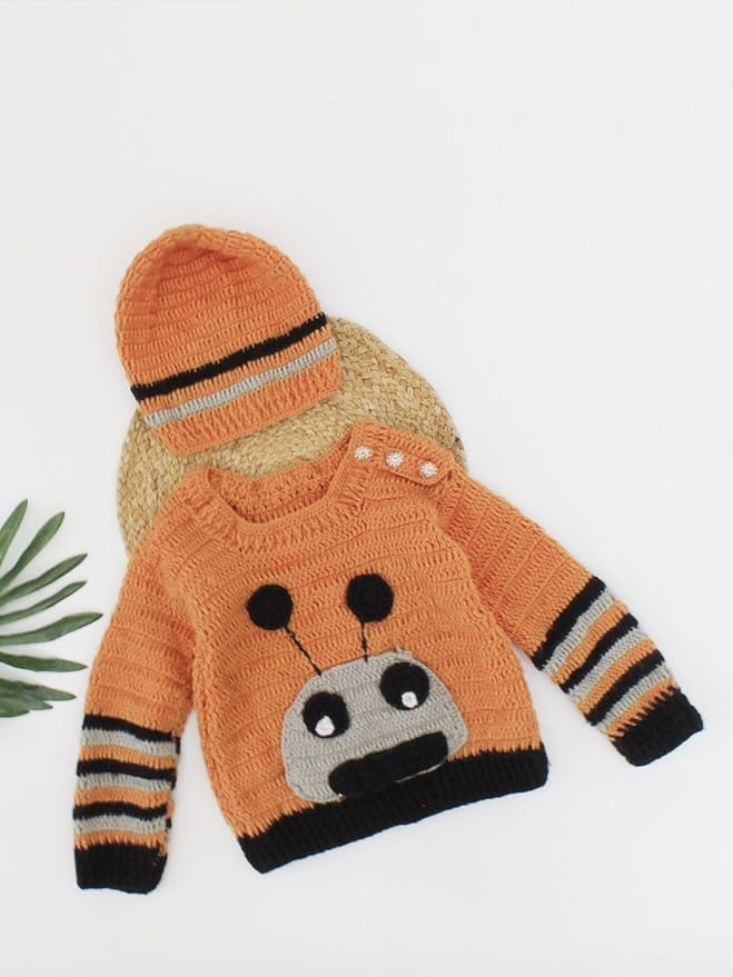 KNIT GEMS Handmade Alain Design Baby Cardigan with Cap | Kids Sweater with caps