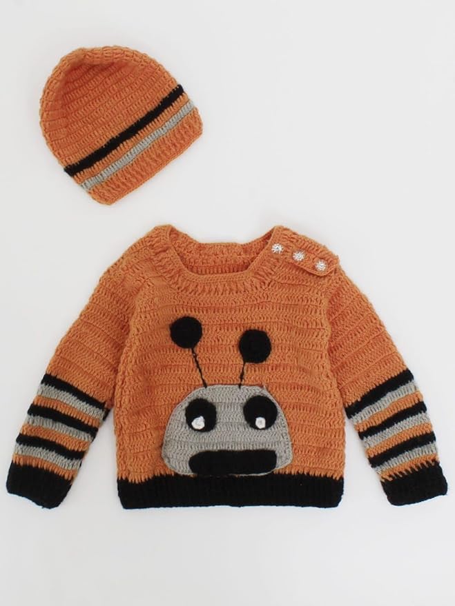 KNIT GEMS Handmade Alain Design Baby Cardigan with Cap | Kids Sweater with caps