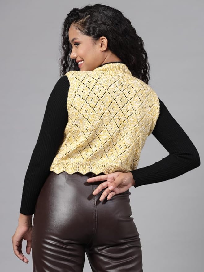 KNIT GEMS Self Design Dual Tone Argyle Sweater for Women
