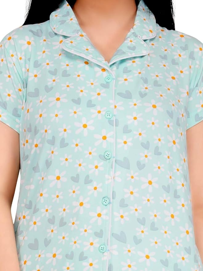 Women's Cotton Printed Night Suit Set of Shirt & Pajama Set | Women Stylish Pyjama Set | Nightwear Pyjama's for women & Girls (Sea Green)