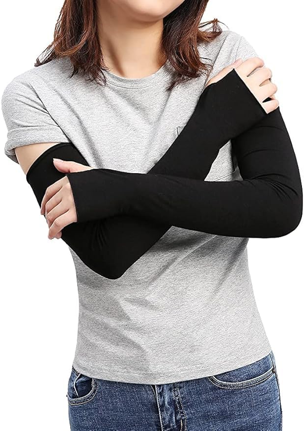 Black Uv Sunblock Protection with Thumb Hole Arm sleeves for Male & Female | Arm Sleeves For Driving | Cycling | Cricket | Football | Gym | Riding | Sun Protection Cooling Arm Sleeves (Pair of 2)